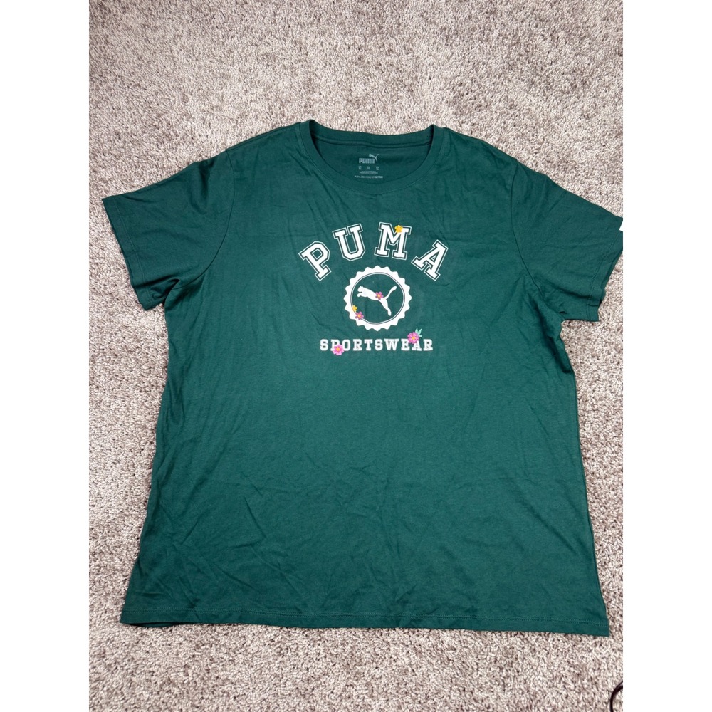 Puma Sportswear Womens T-Shirt XL Green Floral Graphic Logo Short Sleeve Tee
